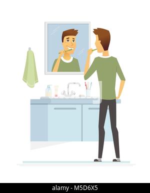 Young man brushing his teeth - cartoon people character isolated illustration Stock Vector