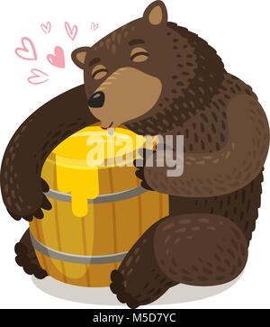 Happy bear hugs wooden barrel of honey. Cartoon vector illustration Stock Vector