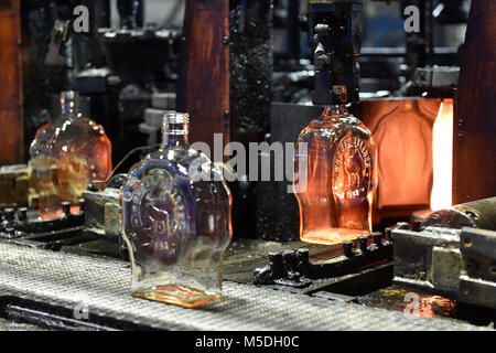 Glassworks Moravia began to produce a new glass bottle for the Rudolf Jelinek, Original Czech Distilleries, company in Usobrno, Czech Republic, on February 22, 2018. (CTK Photo/Vaclav Salek) Stock Photo