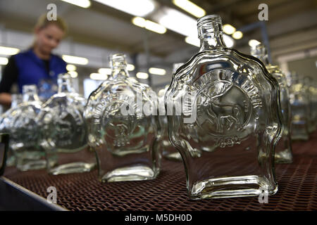 Glassworks Moravia began to produce a new glass bottle for the Rudolf Jelinek, Original Czech Distilleries, company in Usobrno, Czech Republic, on February 22, 2018. (CTK Photo/Vaclav Salek) Stock Photo