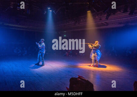 London, UK. 21st Feb, 2018. Party Skills for the End of the World, an interactive theatre event by Nigel Barrett and Louise Mari at Shoreditch Town Hall in London. Photo date: Wednesday, February 21, 2018. Credit: Roger Garfield/Alamy Live News Stock Photo