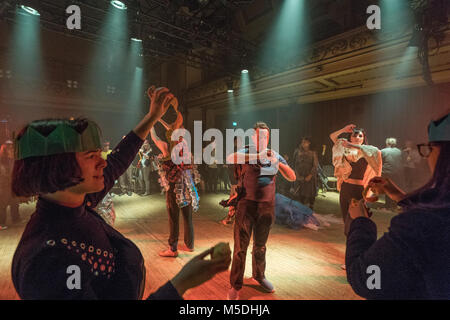 London, UK. 21st Feb, 2018. Party Skills for the End of the World, an interactive theatre event by Nigel Barrett and Louise Mari at Shoreditch Town Hall in London. Photo date: Wednesday, February 21, 2018. Credit: Roger Garfield/Alamy Live News Stock Photo