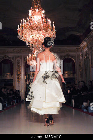 Tokyo, Japan. 20th Feb, 2018. Japanese Kimono and Bridal designer Yumi Katsura unveiled her latest fashion line-up ''Beyond East and West'' a fashion show that is designed to communicate Japan's innovative craftsmanship incorporated in Western clothing and creativity of conjugation to fashion such as Wedding dress, to raise awareness of Japanese culture and history at Akasaka Palace in Tokyo's Minato Ward Japan. Credit: Ramiro Agustin Vargas Tabares/ZUMA Wire/Alamy Live News Stock Photo
