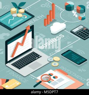 Laptop, tablet and smartphone on a corporate desktop and finance concepts: business management and investments Stock Vector