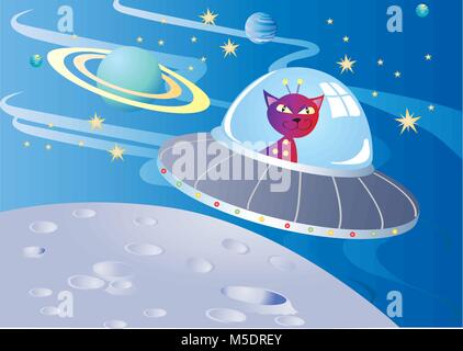 A cartoon cat flying in a flying saucer in outer space Stock Vector