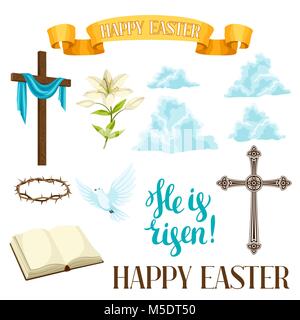 Happy Easter set of decorative objects. Religious symbols of faith Stock Vector