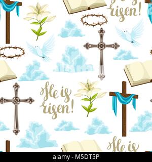 Happy Easter seamless pattern of decorative objects. Religious symbols of faith Stock Vector