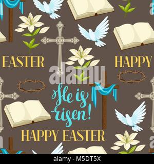 Happy Easter seamless pattern of decorative objects. Religious symbols of faith Stock Vector