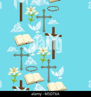 Happy Easter seamless pattern of decorative objects. Religious symbols of faith Stock Vector