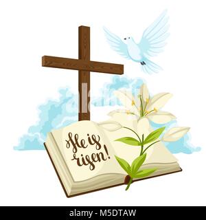 Wooden cross with bible, lily and dove. Happy Easter concept illustration or greeting card. Religious symbols of faith against clouds Stock Vector