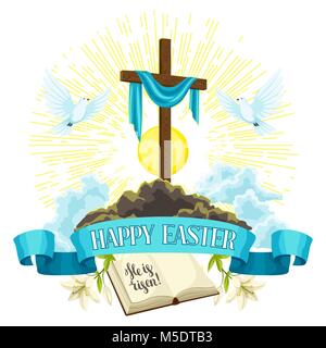 Wooden cross with shroud, bible and doves. Happy Easter concept illustration or greeting card. Religious symbols of faith Stock Vector