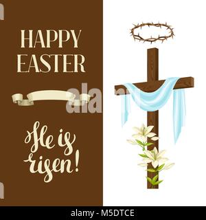 Wooden cross with shroud, lily, crown of thorns. Happy Easter concept illustration or greeting card. Religious symbols of faith Stock Vector