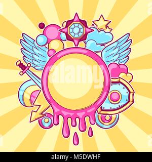 Background with cartoon fantasy objects. Fashion symbols in comic style Stock Vector