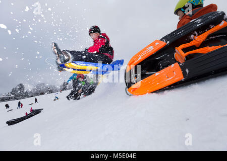 Snow, winter, snow-covered, coldly, Schlitteln, sleigh-riding, sledge, fun, Snow sport, children, Bob, white Stock Photo