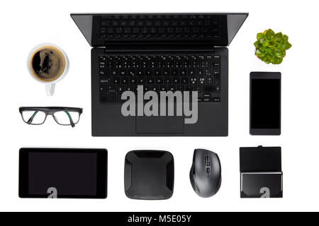 Various Devices Arranged On Isolated White Background Stock Photo