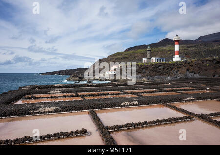 Fuencaliente, La Palma. Canary Islands Spain.  The Fuencaliente salt evaporation ponds used to harvest sea salt lie on the seashore.   Above the famous tourist attraction lighthouses and visitor centre reside on top of the coastline's cliffs.  This site marks the most southern end of La Palma.  Photographed with a Ricoh GRII camera. Stock Photo