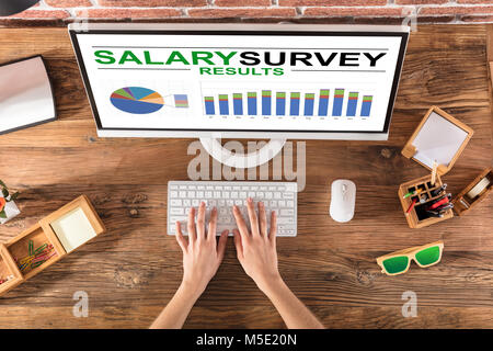 Close-up Of A Businessperson Analyzing Salary Survey Result On Computer At Workplace Stock Photo