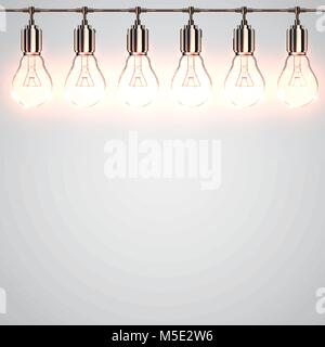Realistic lightbulbs hanging and working, vector Stock Vector