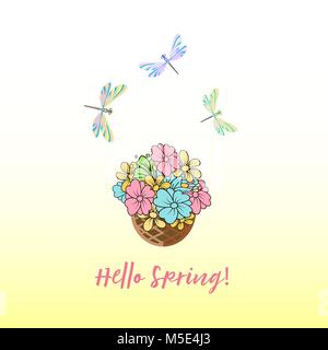Spring set for design of multicolored butterflies, dragonflies and flowers. Stock Vector