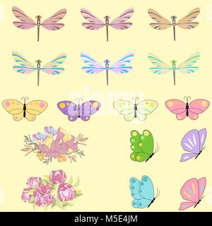 Spring set for design of multicolored butterflies, dragonflies and flowers. Stock Vector