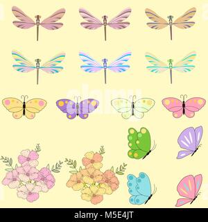 Spring set for design of multicolored butterflies, dragonflies and flowers. Stock Vector