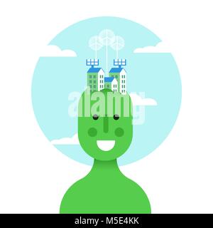 World ecology concept illustration, green man with sustainable city over head. Includes wind turbines, solar panels and houses. EPS10 vector. Stock Vector