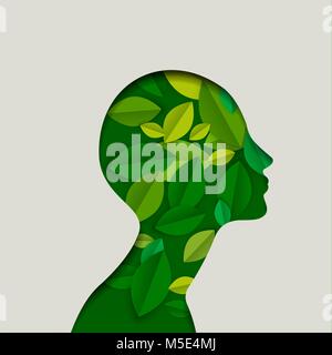 Girl face profile silhouette in paper cutout style with green leaves. Concept eco friendly illustration for organic skincare or environment support. E Stock Vector