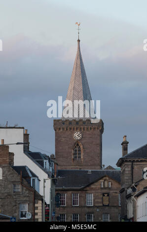St John's Kirk tower overlooking Perth city centre in winter at dusk, Scotland, UK
