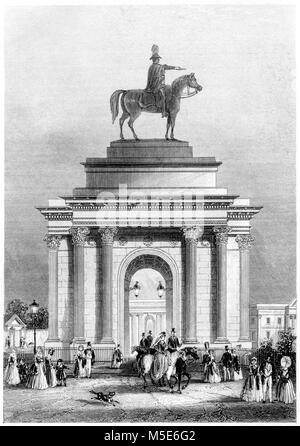 An engraving of the Entrance to Green Park, London scanned at high resolution from a book printed in 1851. Believed copyright free. Stock Photo