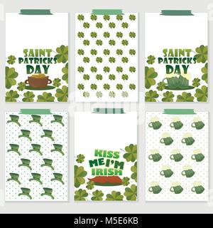 Set of six St. Patricks Day cards with beer, clover, gold, hat, moustache Stock Vector