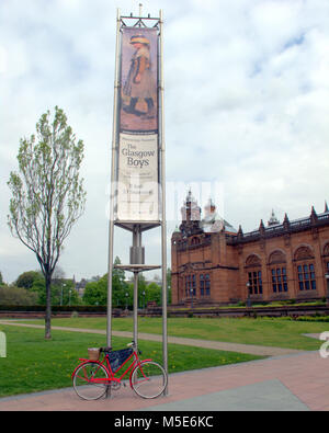 the Glasgow boys exhibition posters and advertising outside Kelvingrove Art Gallery and Museum, Argyle Street, Glasgow, UK