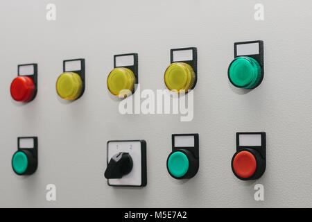 Low-voltage cabinet. Control buttons. Modern smart technologies in the electric power industry. The use of electrical energy in industry. Stock Photo