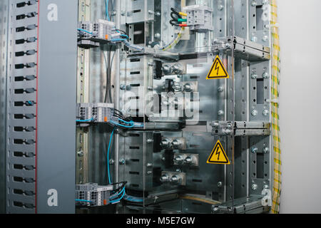 Low-voltage cabinet. Modern smart technologies in the electric power industry. The use of electrical energy in industry. Stock Photo