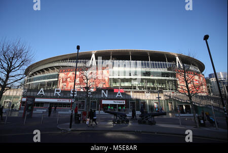 A general view of the Emirates Stadium prior to the UEFA Europa League round of 32, second leg match at the Emirates Stadium, London. Stock Photo