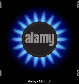Burning blue flame gas burner on a black background. Top view. Stock Vector