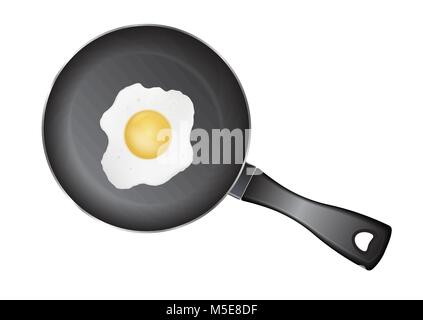 Realistic vector fried egg on black pan isolated on a white background, top view. Stock Vector