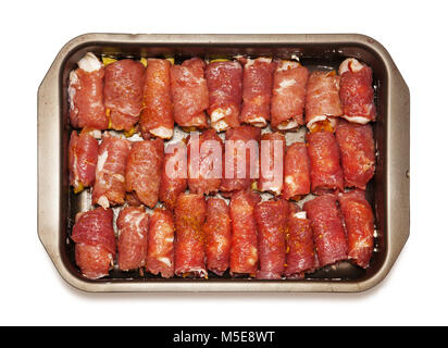 meat rolls from the chef on dripping pan, isolated on white Stock Photo