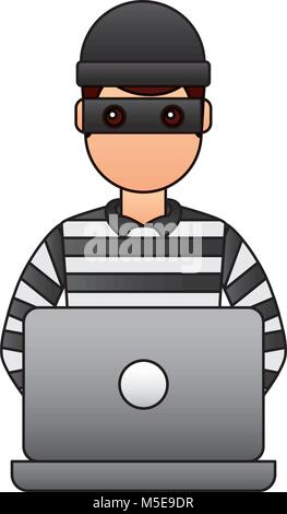 Caucasian hacker thief hacking into a computer. Pop art retro vector ...