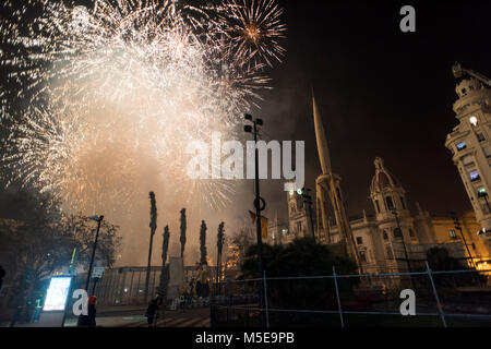 Fireworks display during the night of ' La Crema' the burning at the Valencian Town Hall square in Spain. Stock Photo