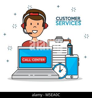 Man icon with laptop smartphone time support center service Stock Vector