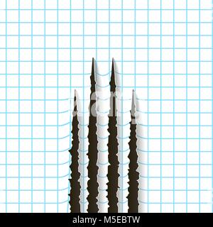 Black claws scratches - vector isolated on squared paper background. Talons cuts animal cat, dog, tiger, lion, bear, illustration. Can be used for dec Stock Vector