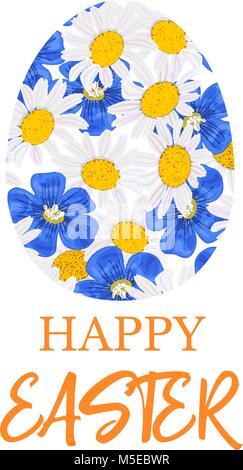 Happy Easter. Decorated blue flat egg made of Daisy and blue flowers, forget-me-not, flax, chamomile wildflower background. Vector. floral collection. Stock Vector