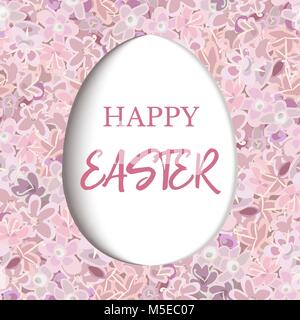 Happy Easter. paper cut Decorated white flat egg on pink flower background carnation, crane's-bill or meadow geranium wildflower, violet. Vector. flor Stock Vector