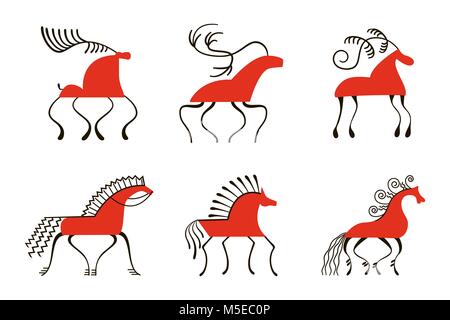Set of six red horses. National northen paintings. Folk handicrafts. Enchanting original ornaments. Simplicity. flat hackney, dobbin, , mount, stallio Stock Vector