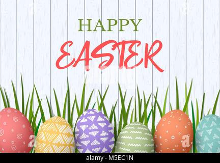 Happy Easter. Easter colorful eggs in row with different simple ornaments. white wooden background and grass frame. vector illustration. Postcard temp Stock Vector