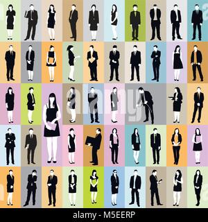 Large collection of silhouettes of standing businesspeople over various colorful backgrounds. Stock Vector