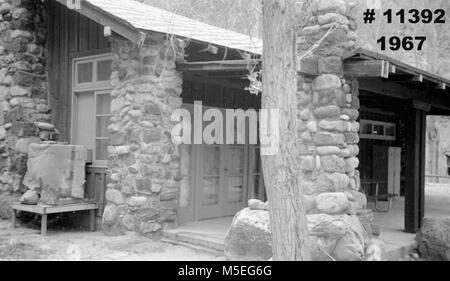 Grand Canyon Historic- Phantom Ranch Employee Bunkhouse c   DRAINED POOL AT PHANTOM RANCH - BEFORE FILLING IN: SW CORNER OF REC BLDG & CORRAL. CIRCA 1967. . Stock Photo