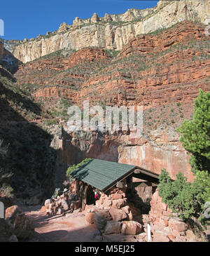 Bright Angel Trail -   Mile Resouse  A day hike to Three Mile Resthouse on the Bright Angel Trail is a 6 mile round trip (9.6 km)  and takes between 4-6 hours. There is a restroom and water is available from May through September. The elevation change from the top is  2,112 ft. (644 m) Three Mile Resthouse is below the Kaibab limestone, the Coconino sandstone, the Supai sandstone and sits on top of the redwall limestone. This location is just above Jacob's Ladder, a steep series of switchbacks through the redwall limestone. Stock Photo