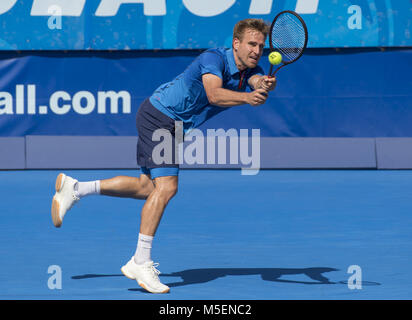 Delray Beach, Florida, USA. 21st Feb, 2018. PETER GOJOWCZYK (GER) takes first set 76(3) against J. Isner (USA) at the 2018 Delray Beach Open held at the Delray Beach Tennis Center. Credit: Andrew Patron/ZUMA Wire/Alamy Live News Stock Photo