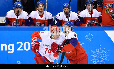 Kangnung, Korea, Republic Of. 23rd Feb, 2018. From left Nikolai Prokhorkin of Russia and Jan Kovar of Czech in action during the Czech Republic vs. Russia ice-hockey semi final match within the 2018 Winter Olympics in Gangneung, South Korea, February 23, 2018. Credit: Michal Kamaryt/CTK Photo/Alamy Live News Stock Photo